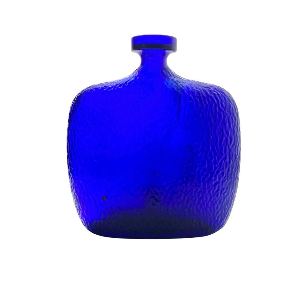 1980s Vintage Heavy Flask-Shaped Cobalt Blue Textured Vase Decanter Bottle 11”